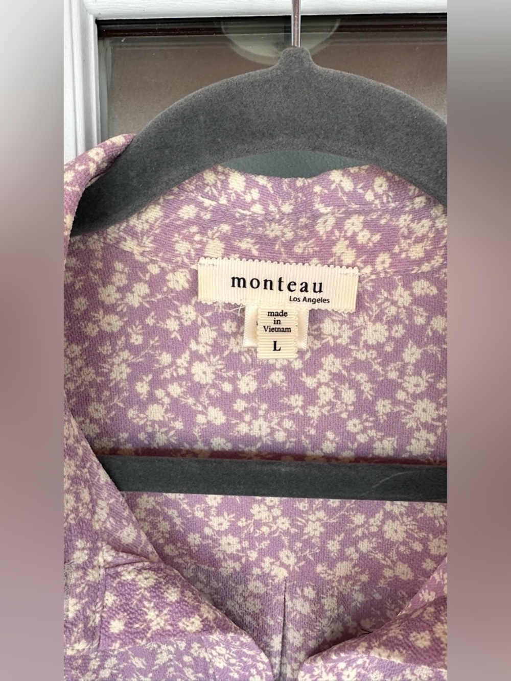 Monteau Georgette Purple Cream Floral Button FrontTie Shirt Midi Dress - size L - Picture 4 of 6